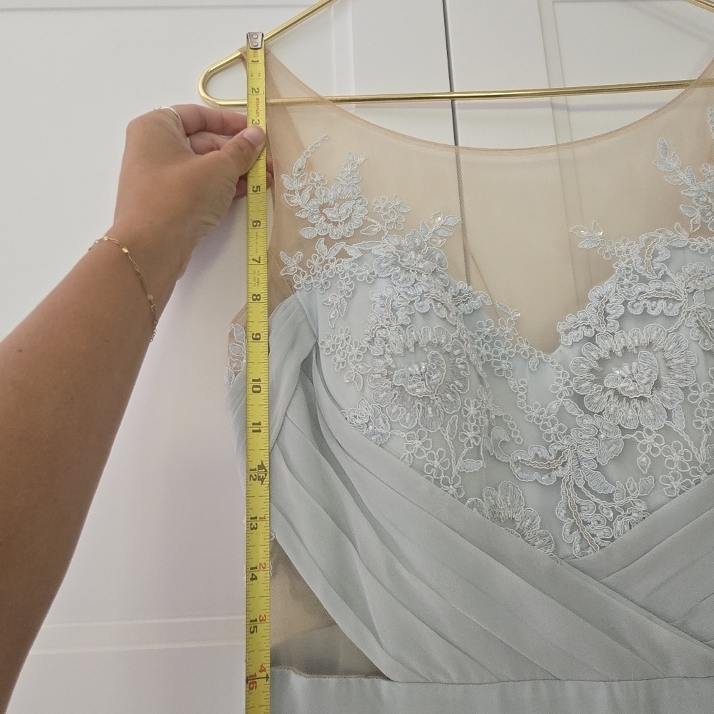 Marchesa Notte Silk Blue Embellished Embroidered Mesh Sheer Panel Detail Gown - Picture 4 of 15